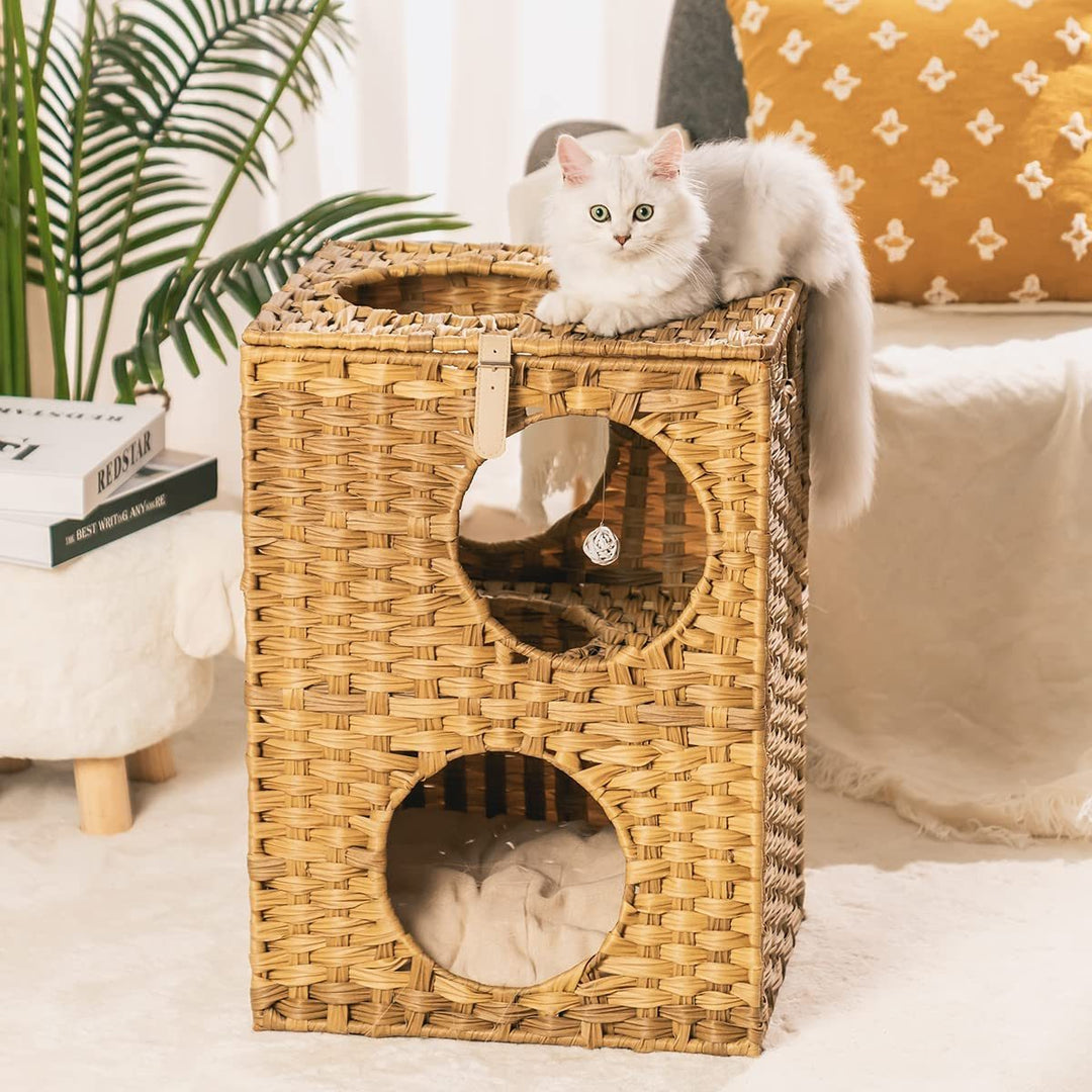 MEWOOFUN Cat House Wicker Cat Bed for Indoor Cats Woven Rattan Cat Maroon Simba